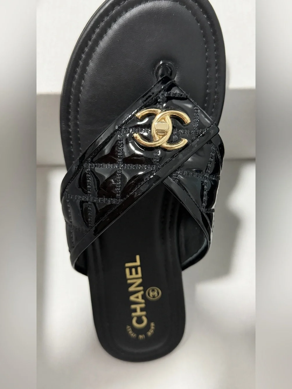 CHANEL Black Quilted Patent Leather Slide Sandals